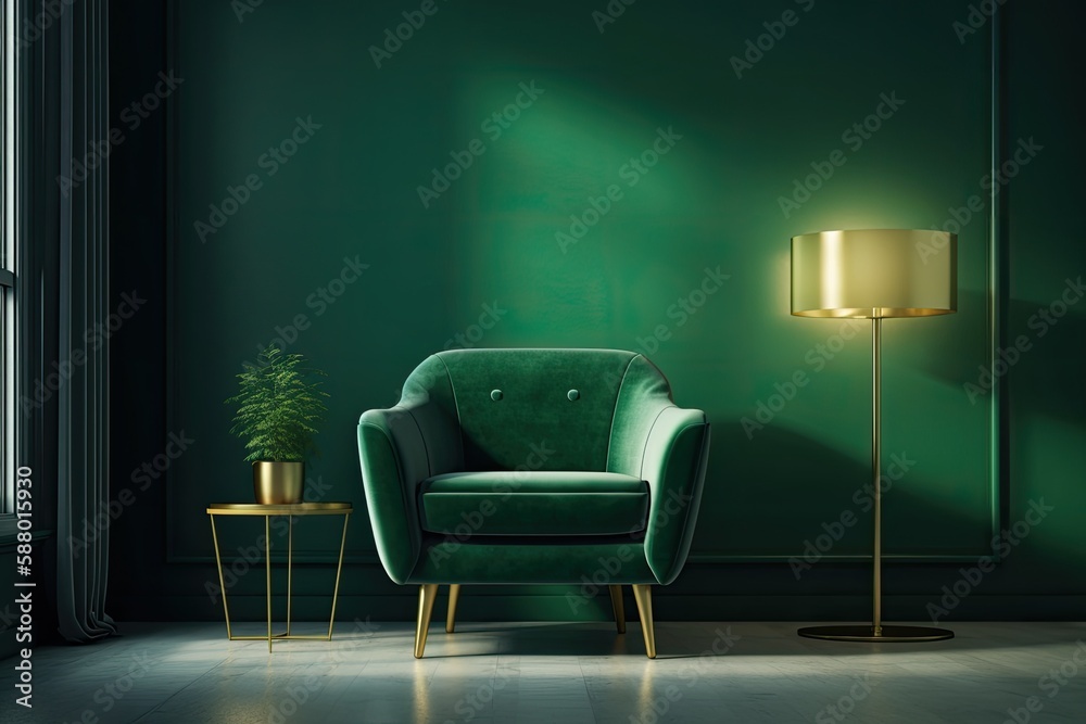 cozy green room with a comfortable chair and a warm lamp. Generative AI