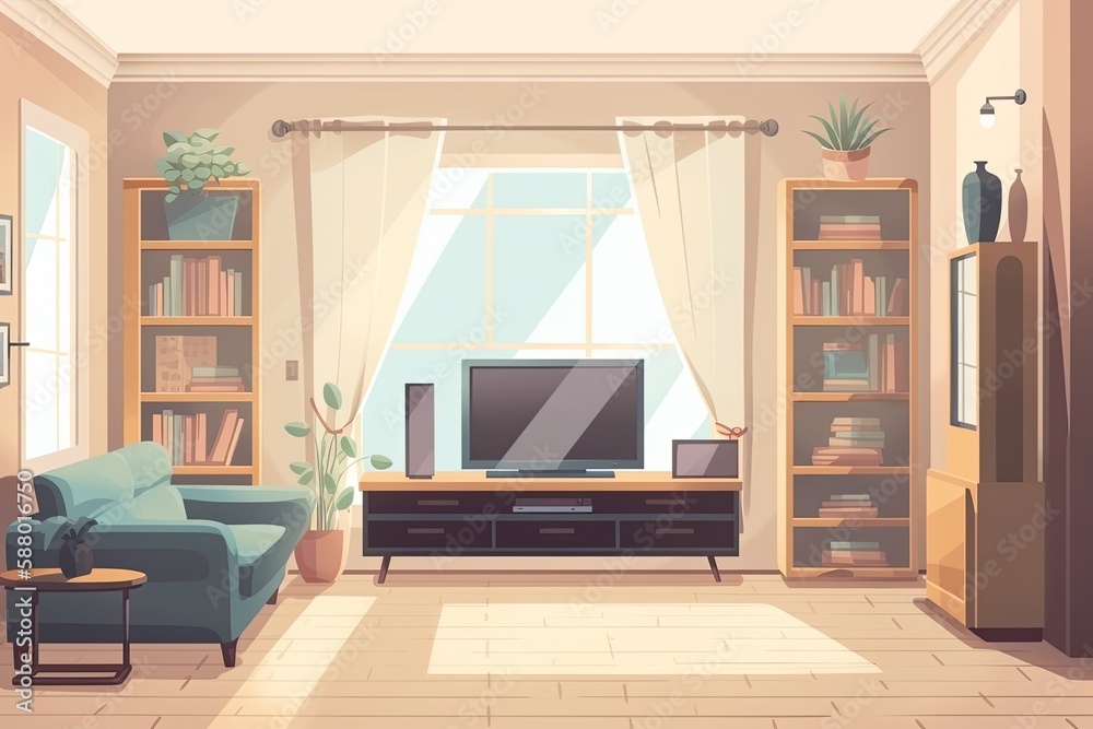 cozy living room with modern furniture and a large television. Generative AI