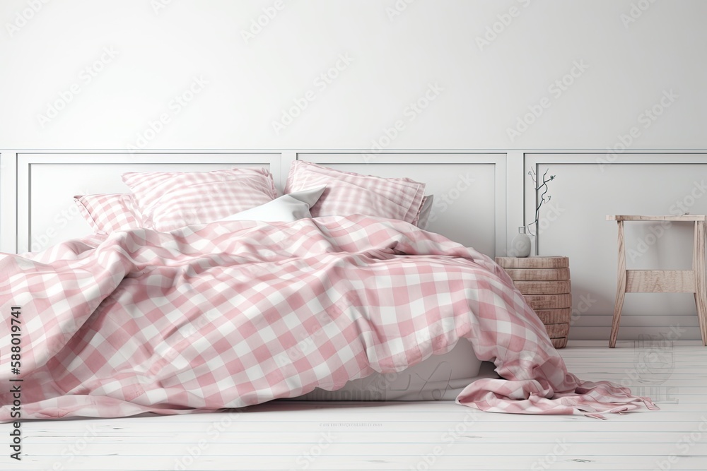 cozy bed with a pink and white checkered comforter. Generative AI