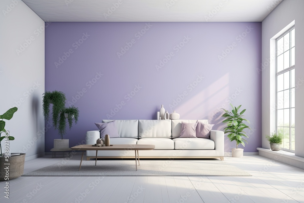 modern living room with vibrant purple walls and a chic white couch as the centerpiece. Generative A