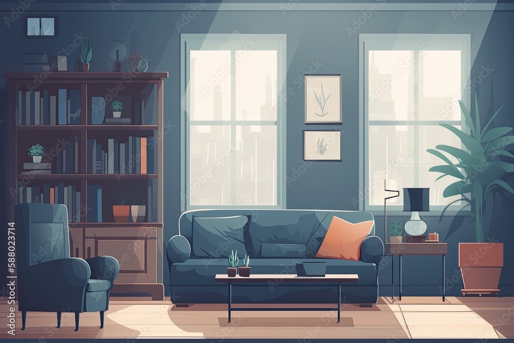 cozy living room with a bookshelf and comfortable furniture. Generative AI