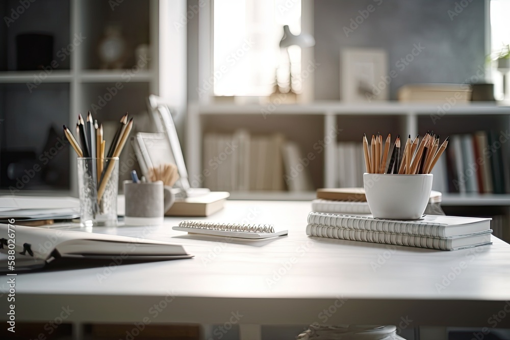 cluttered desk with books, pens, and pencils. Generative AI