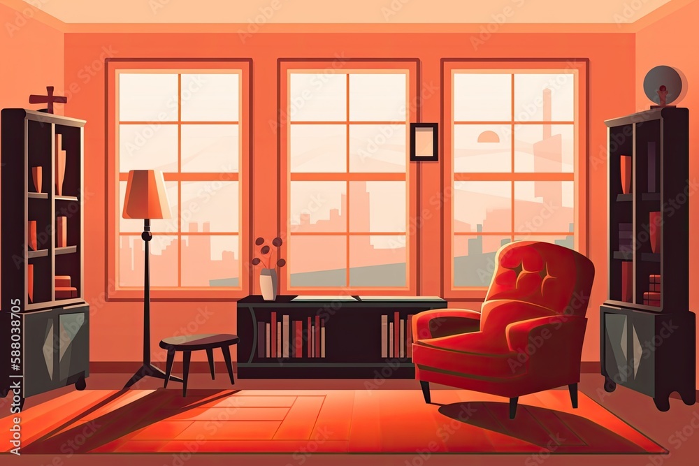 cozy living room with a pop of red and a bookshelf. Generative AI