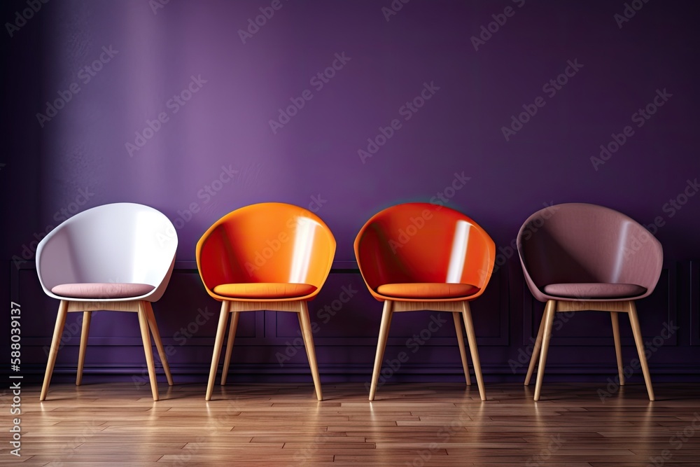 row of three brown wooden chairs on a hardwood floor. Generative AI