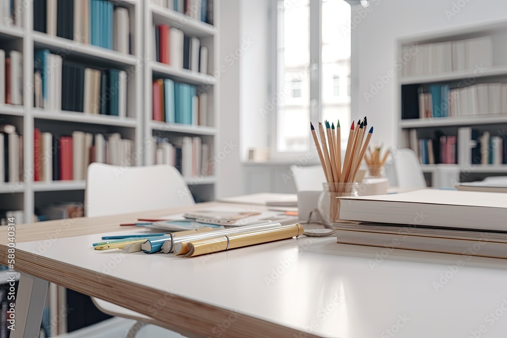 wooden table with books and pencils scattered on top. Generative AI