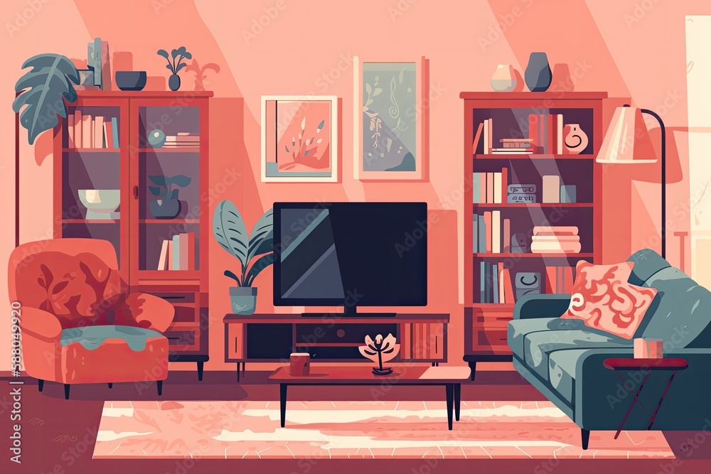 cozy living room with modern furniture and a large flat screen TV. Generative AI