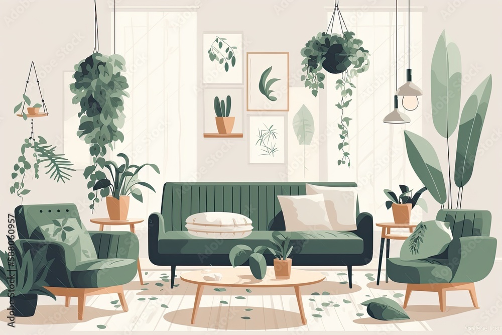 green-themed living room with plants and furniture. Generative AI