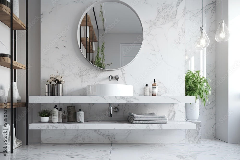 modern bathroom with a sleek marble countertop and circular mirror. Generative AI