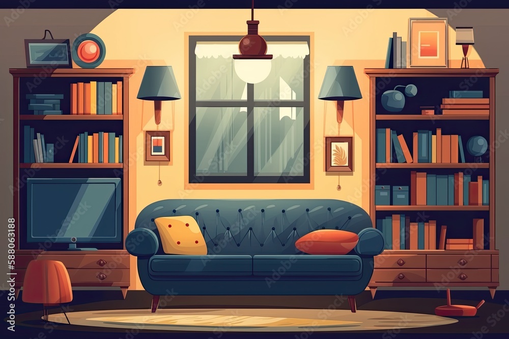 cozy living room with a comfortable couch and a bookshelf filled with books. Generative AI