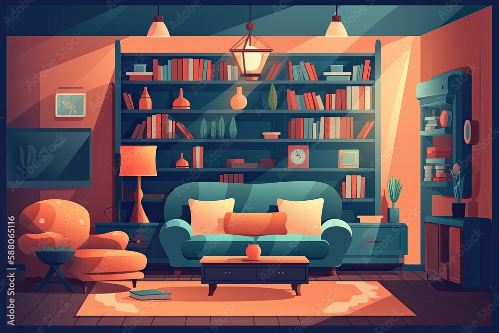 cozy living room with a bookshelf and comfortable furniture. Generative AI