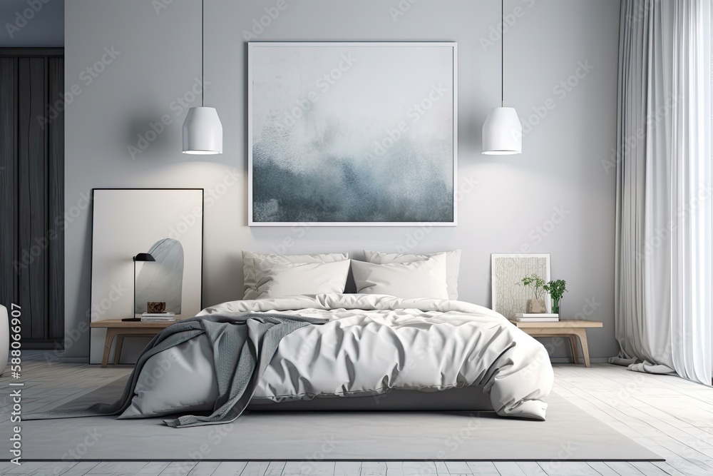 Minimalistic White Bedroom with a Large Painting as the Focal Point. Generative AI