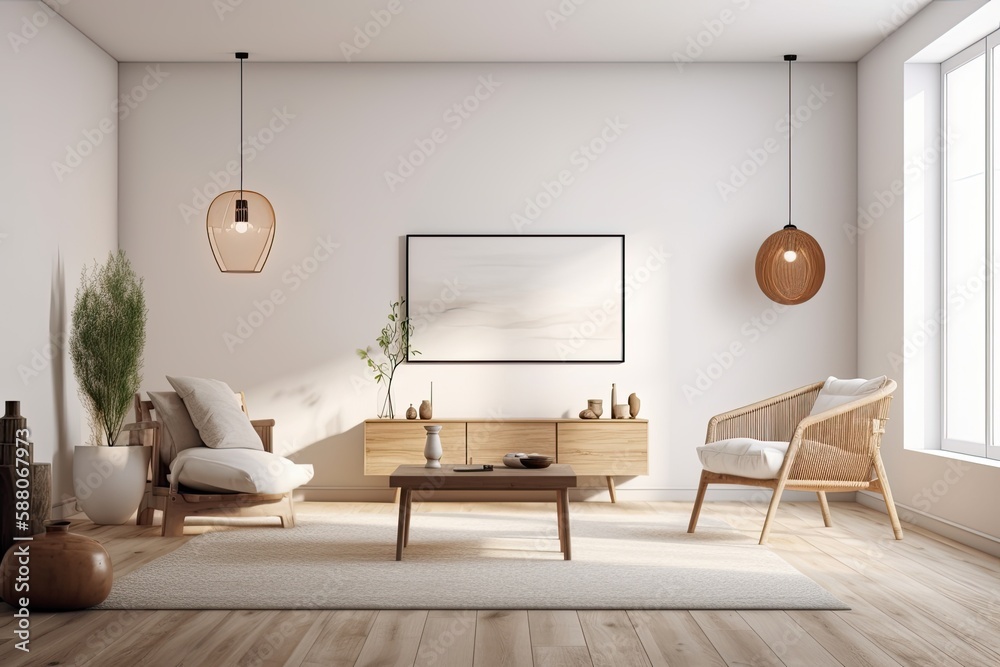 modern living room with minimalist white walls and warm wooden furniture. Generative AI