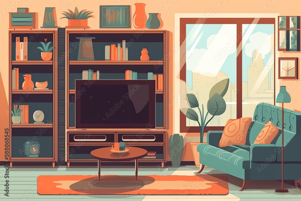 modern living room with comfortable furniture and a large screen TV as the centerpiece. Generative A