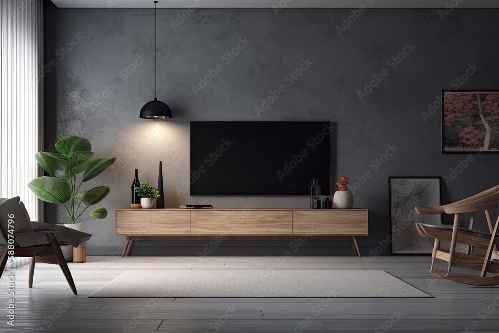 modern living room with a large screen TV and grey walls. Generative AI