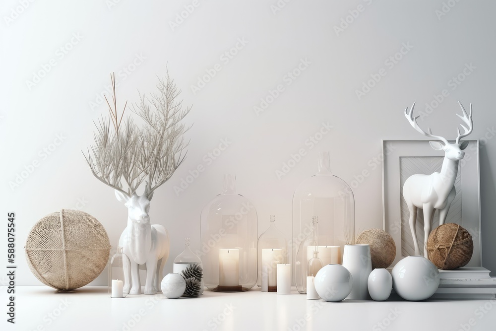 minimalist white table setting with vases and candles. Generative AI