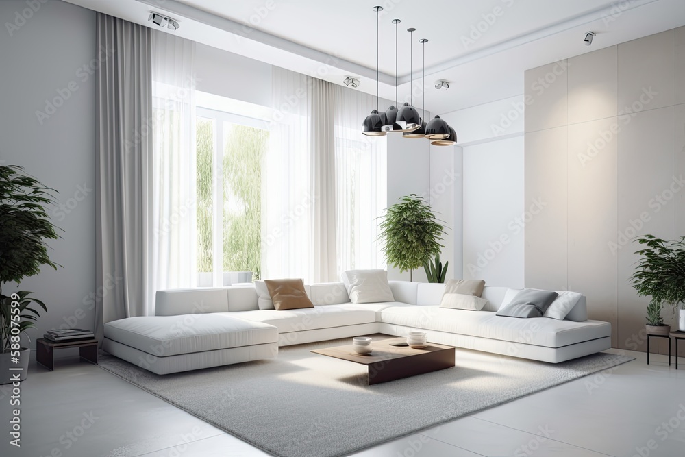 modern living room with a large white sectional sofa. Generative AI