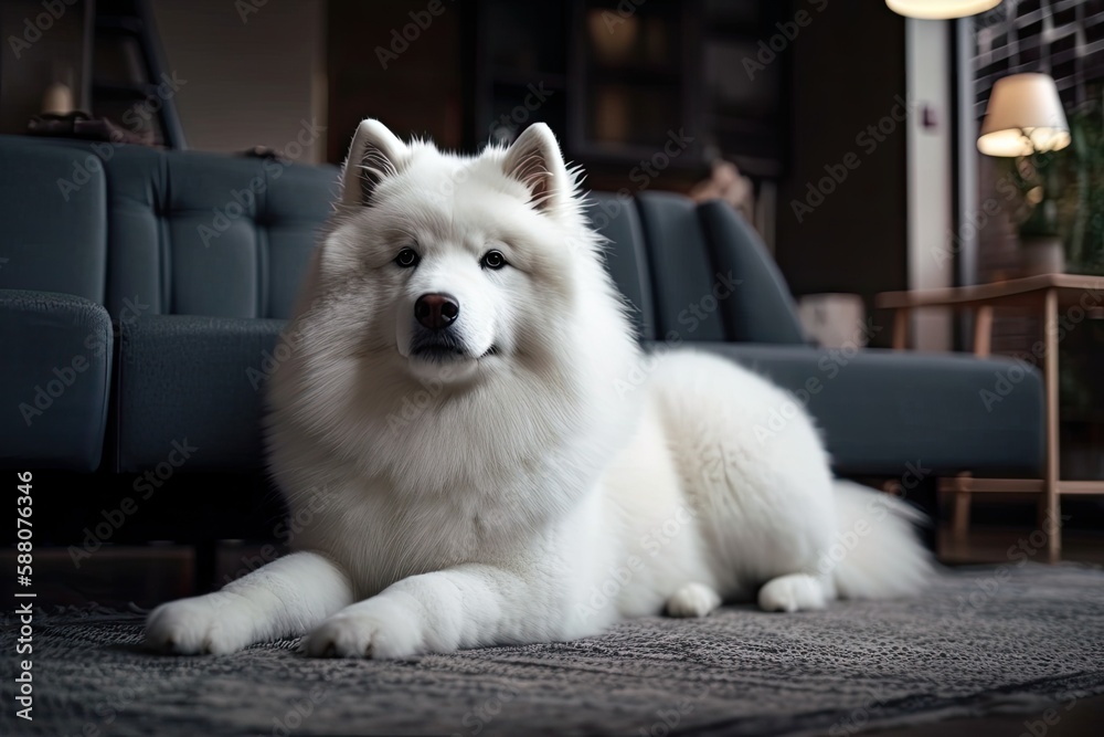 white dog resting on a colorful rug. Generative AI