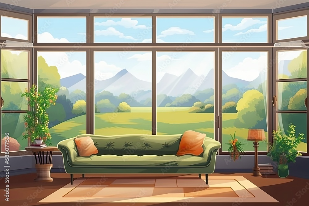 Modern Living Room with a Large Window and Cozy Couch. Generative AI