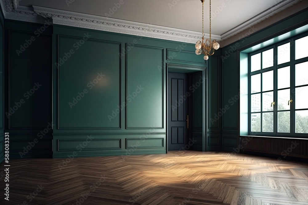 Illustration of an empty room with green walls and a chandelier. Generative AI