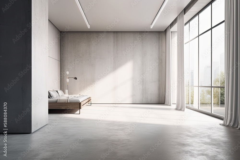 Illustration of an empty bedroom with natural light shining through large windows and a comfortable 