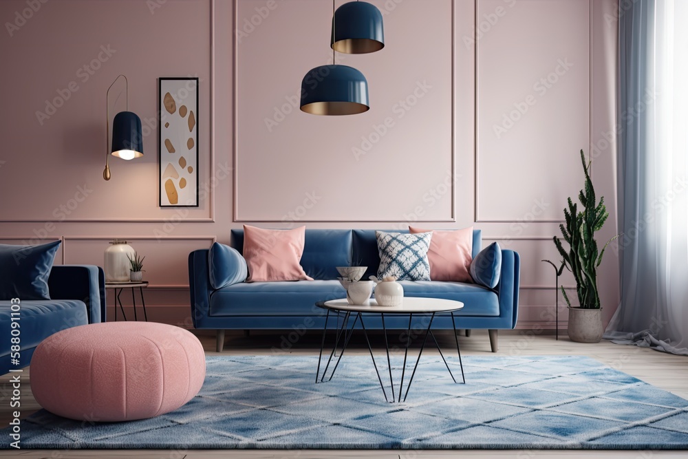 modern living room with pink walls and blue furniture. Generative AI