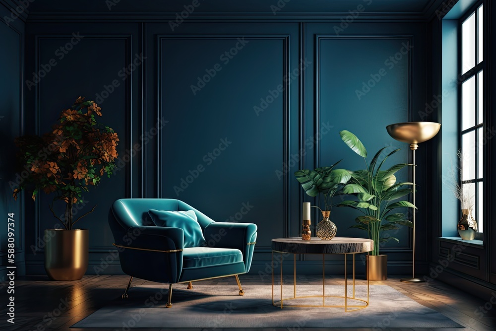 cozy living room with blue walls and a comfortable blue chair. Generative AI