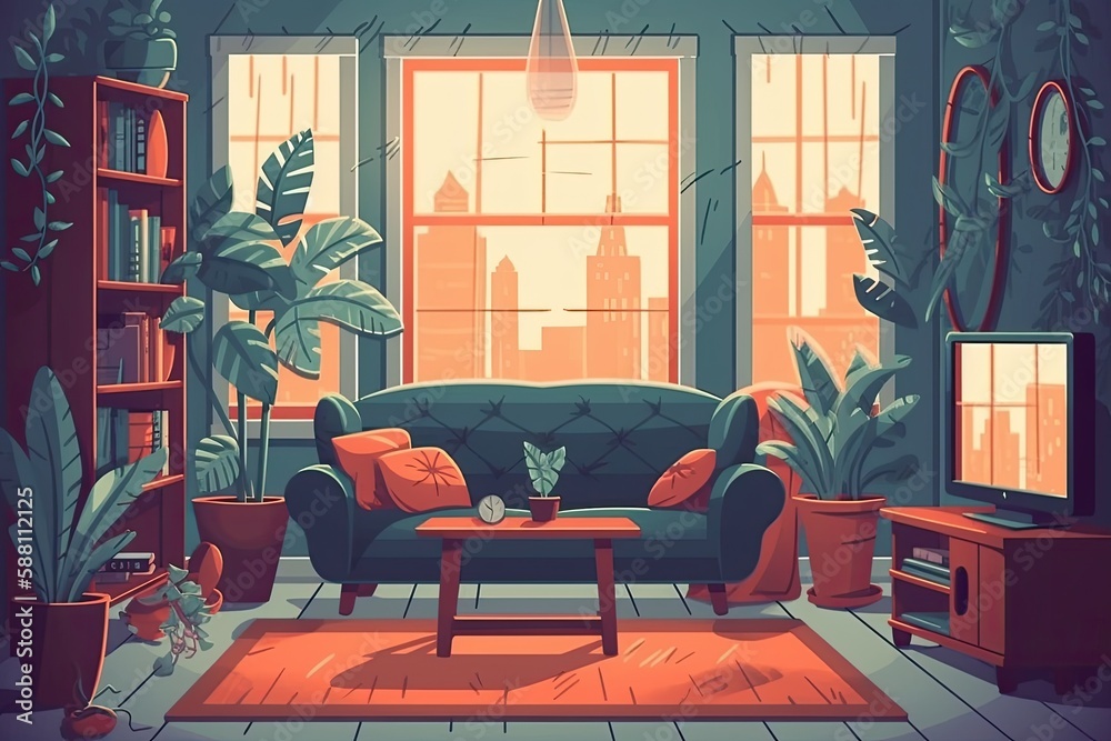 cozy and modern living room with comfortable furniture and a large flat screen TV. Generative AI