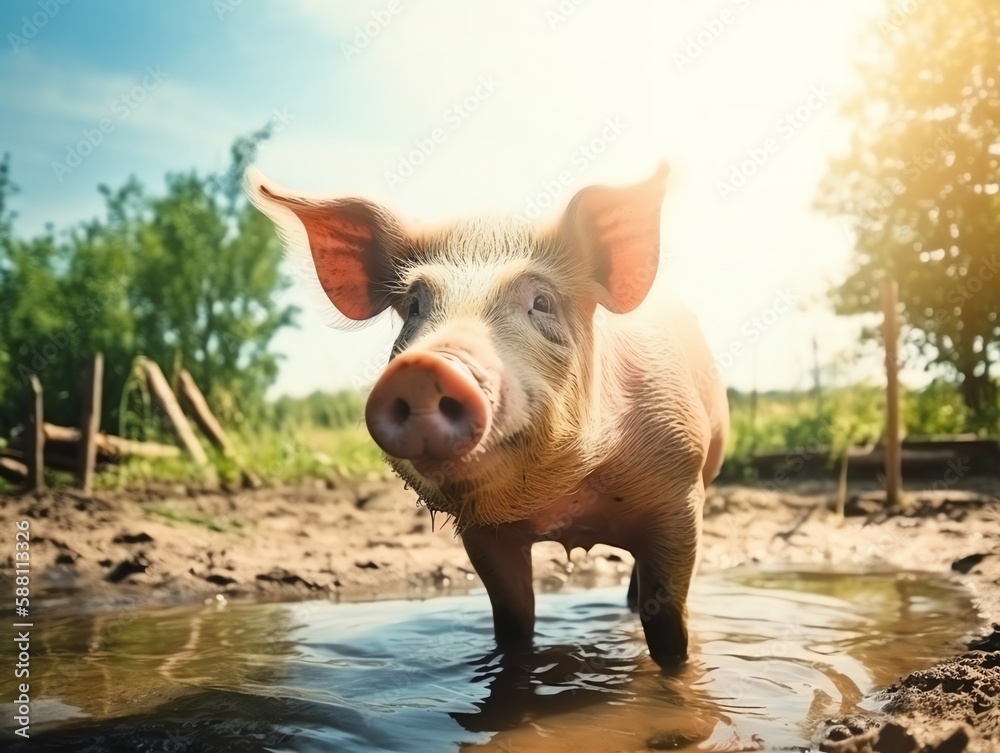 Pig in the water. Piglet in the water. Pig on a farm