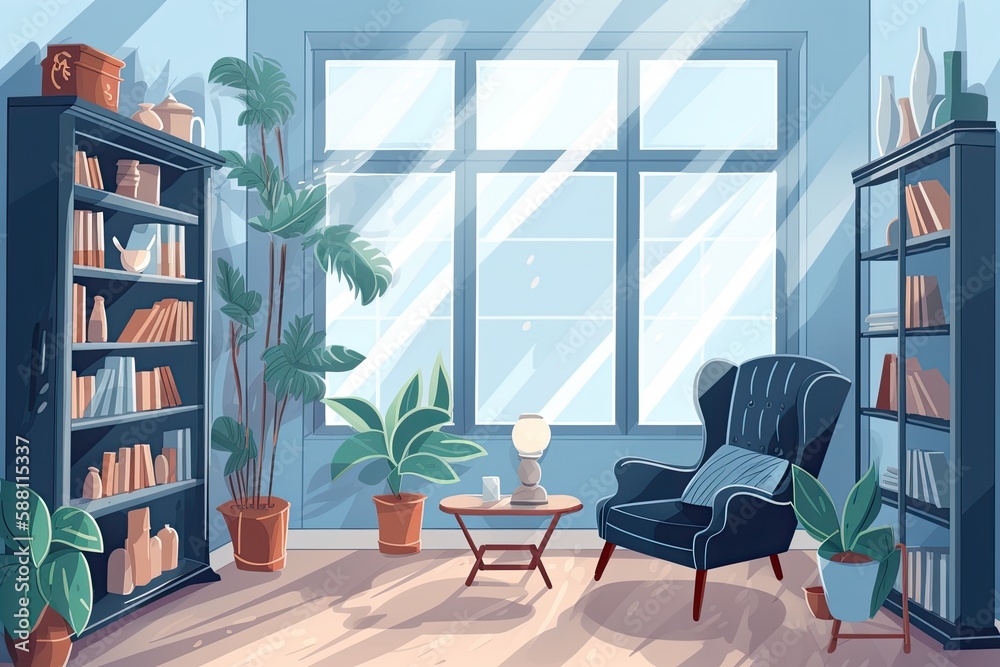 cozy living room with a bookcase and a comfortable chair. Generative AI