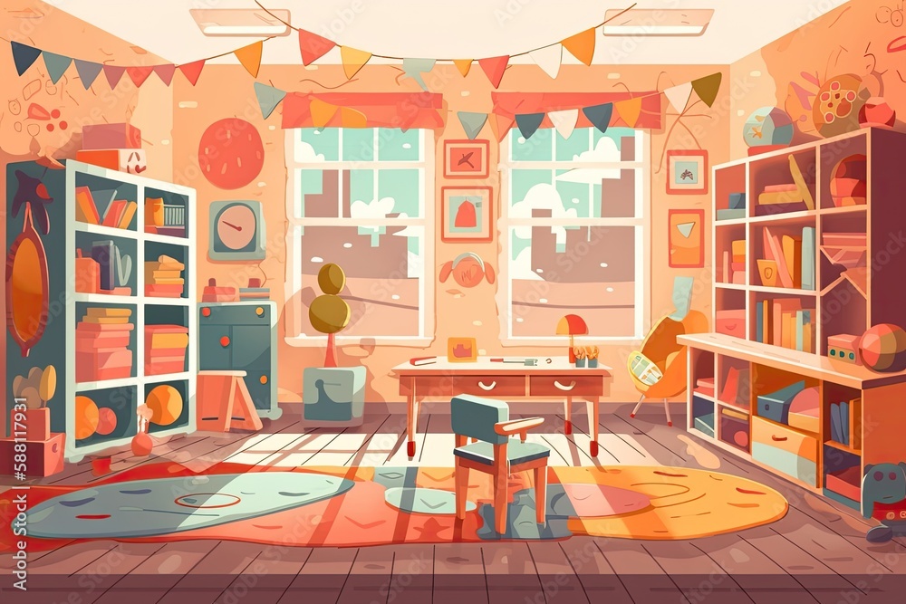 cozy and colorful childs room with a desk, bookshelf, and toys. Generative AI