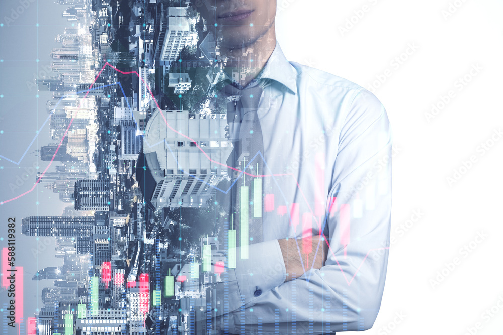 Businessman with folded arms and glowing upward forex chart on blurry city background. Trade, financ