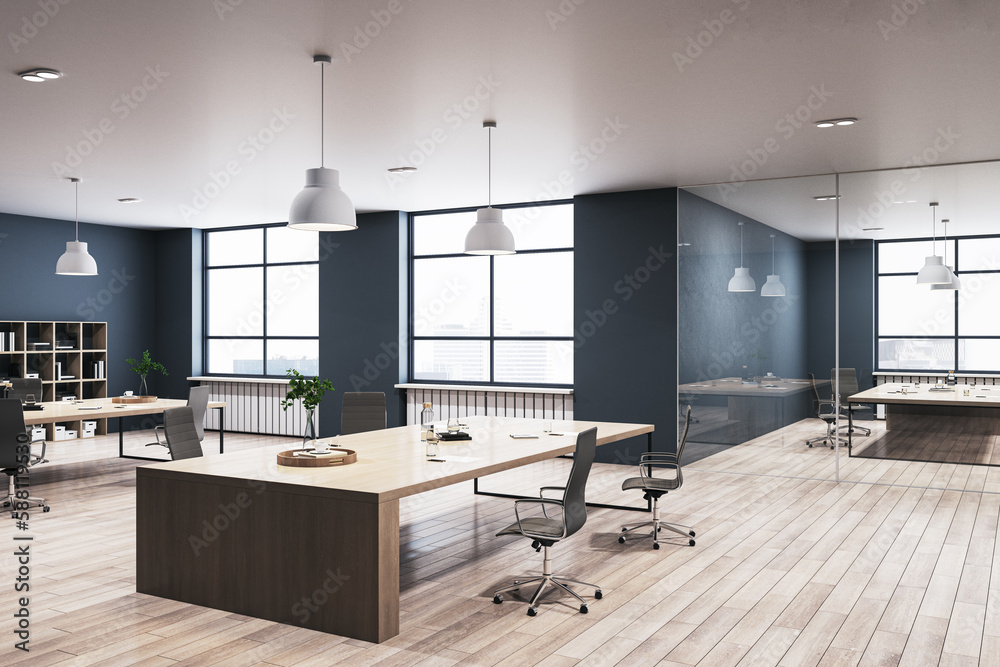 Modern concrete coworking office interior with wooden flooring, furniture, equipment and window with