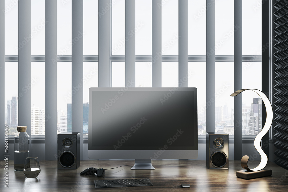 Contemporary light wooden designer workplace with empty mock up computer screen, loud speakers and o