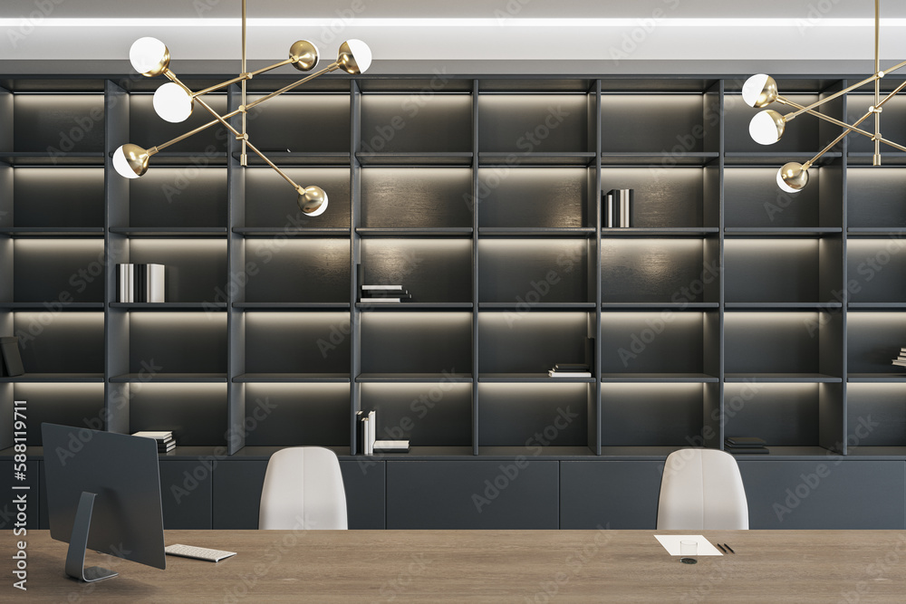 Luxury gray office interior with bookshelf and desktop with equipment. 3D Rendering.