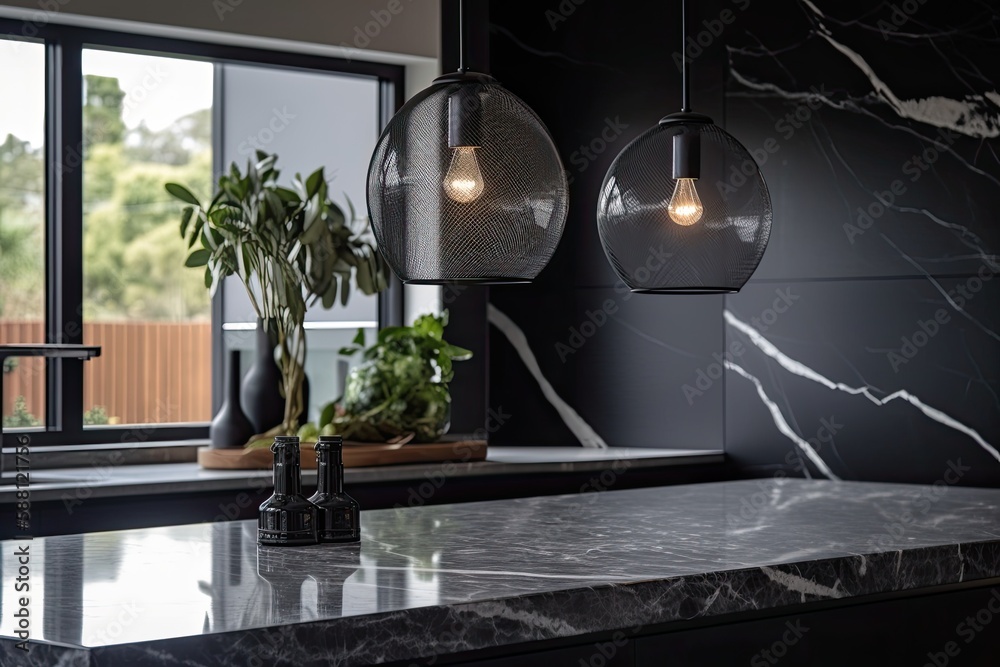 modern kitchen with elegant marble countertops and sleek pendant lights. Generative AI