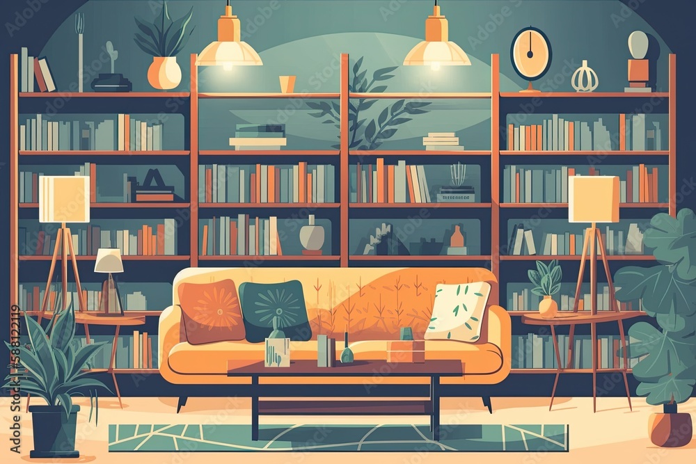 cozy living room with a bookshelf and comfortable furniture. Generative AI