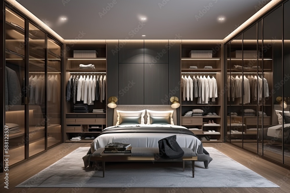 modern bedroom with a spacious bed and a walk-in closet. Generative AI