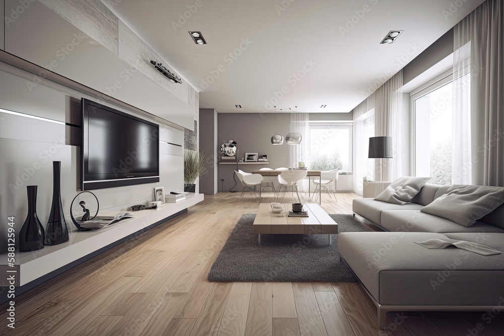 modern living room with stylish furniture and a large flat-screen TV. Generative AI