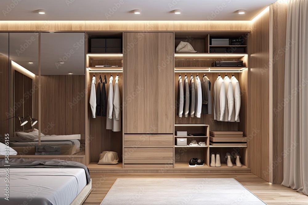 cozy and minimalist bedroom with a comfortable bed and a spacious closet. Generative AI