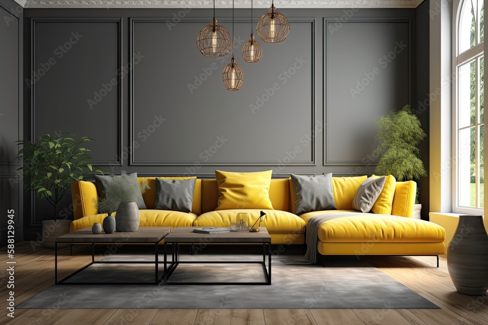 modern living room with a vibrant yellow couch and a minimalist coffee table. Generative AI