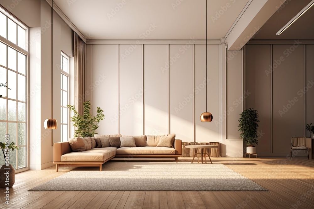 cozy and minimalist living room with a modern couch, a wooden table, and a green potted plant. Gener