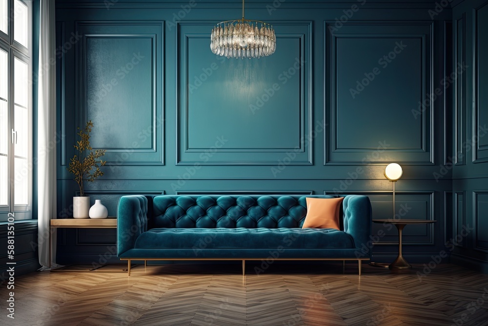 cozy living room with a blue couch and elegant chandelier. Generative AI