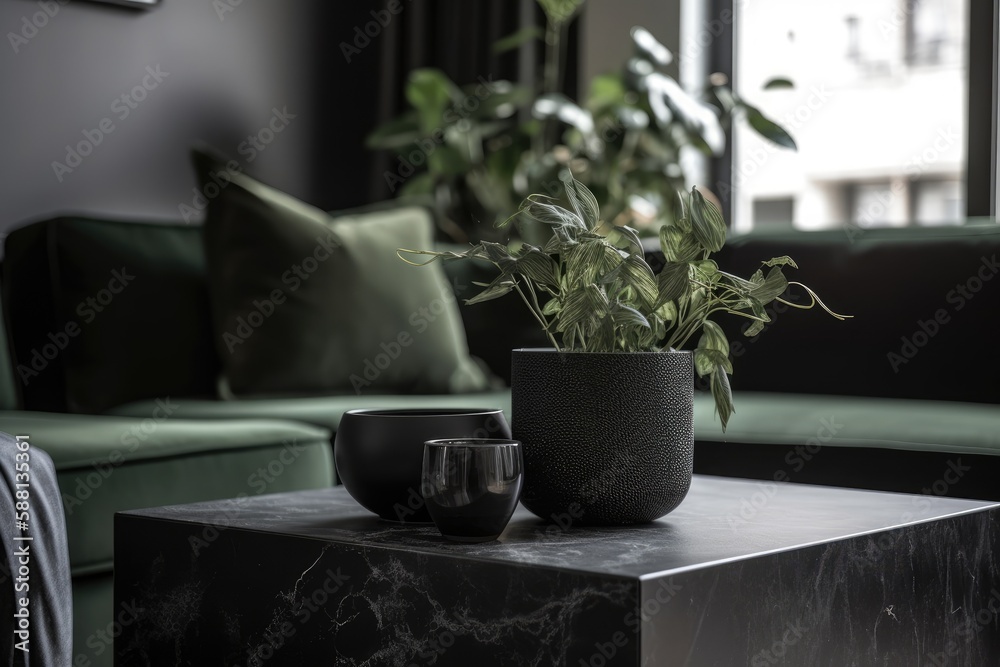 wooden table with a green plant in a white ceramic pot sitting on top. Generative AI