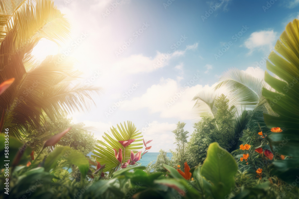 Summer tropical background with copy space. Illustration AI Generative