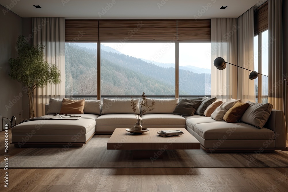 modern living room with a spacious couch and a large window overlooking a scenic view. Generative AI