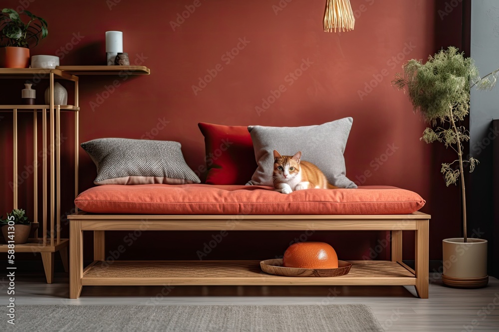 domestic cat lounging on a comfortable sofa in a cozy living room. Generative AI