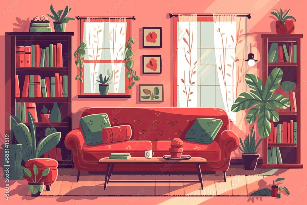 cozy living room with a red sofa and bookshelf. Generative AI