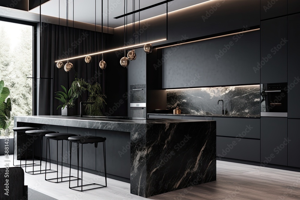 modern kitchen with a sleek marble countertop and natural light streaming in through a nearby window