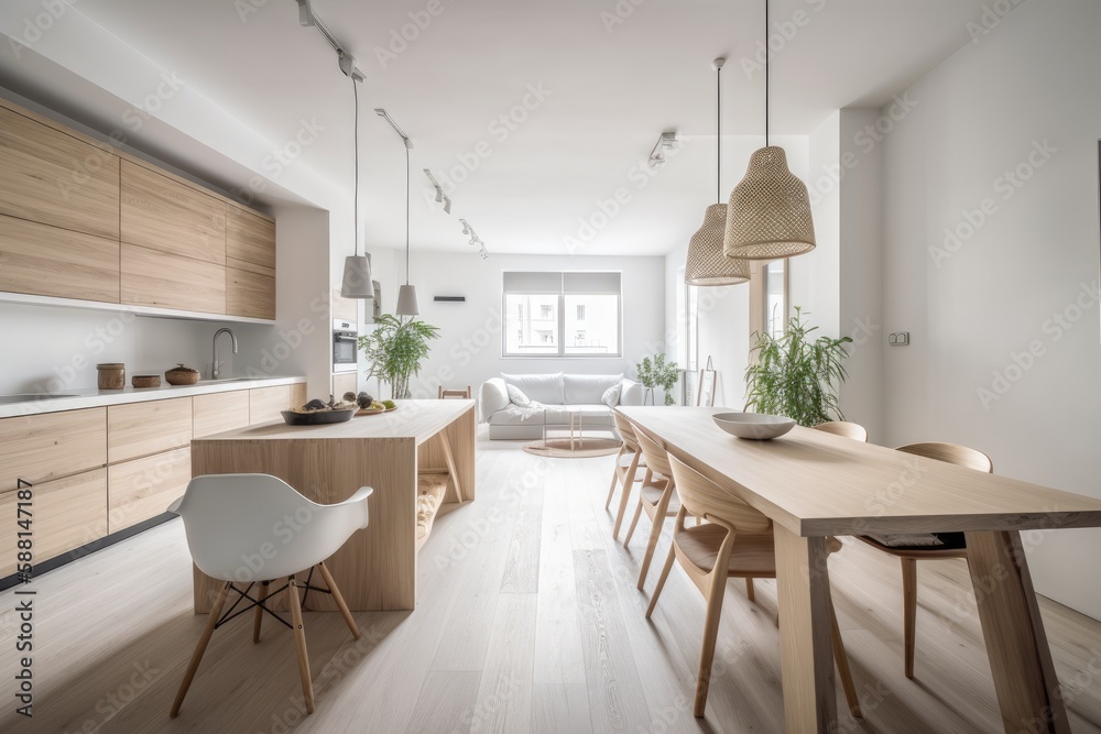 modern dining room with a sleek table and chairs. Generative AI