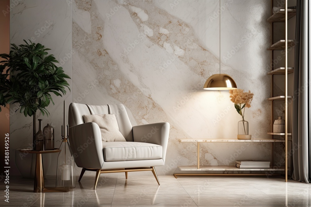 modern living room with a sleek marble accent wall and a comfortable chair. Generative AI